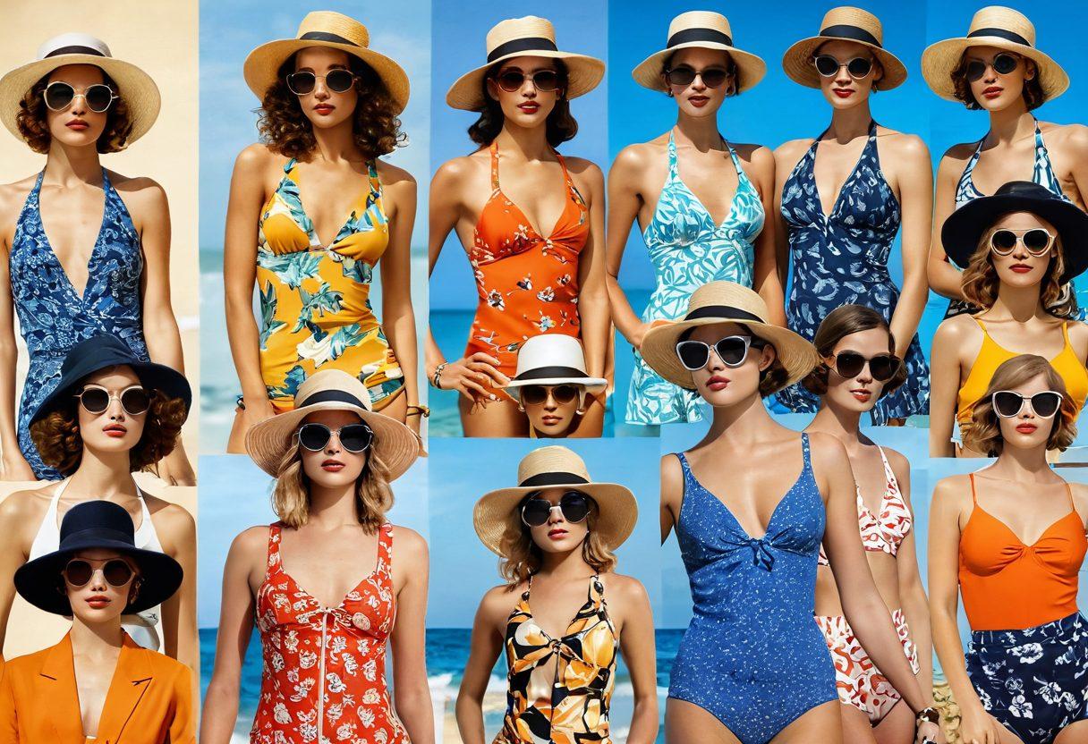 A captivating collage showcasing the evolution of women's beachwear, from elegant vintage swimsuits of the 1920s to trendy modern bikinis of today. Include a background that transitions from sandy beaches to chic beach clubs, featuring diverse women of different ethnicities modeling various styles. Bright, summery colors should dominate the scene, capturing the essence of beach life. Emphasize textures of fabrics and accessories like hats and sunglasses, representing each era vividly. retro, modern, vibrant colors, collage, detailed.