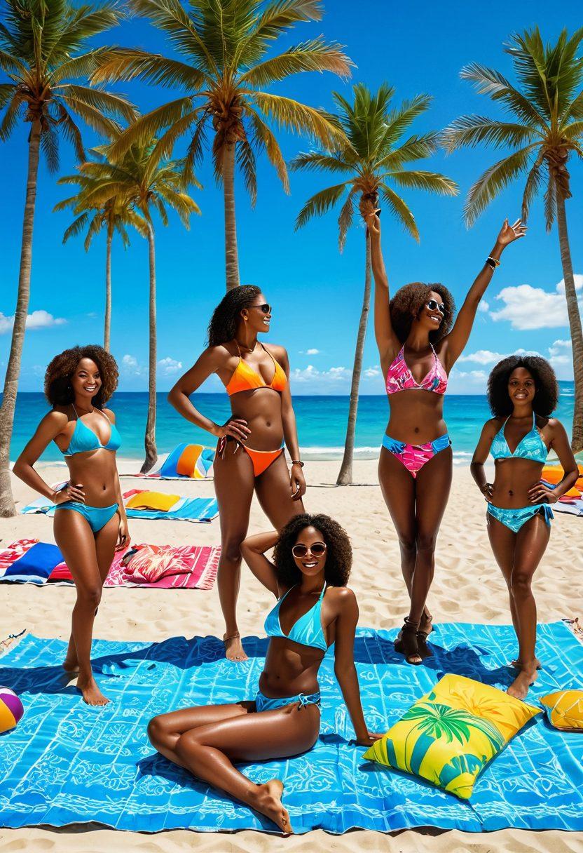 A tropical beach scene showcasing diverse women of different ethnicities in vibrant, stylish bikinis and beachwear, playing beach volleyball and lounging on colorful beach towels, with a backdrop of palm trees and a bright blue sky. The sun shines down, creating a warm, inviting atmosphere. super-realistic. vibrant colors. beachy aesthetic.
